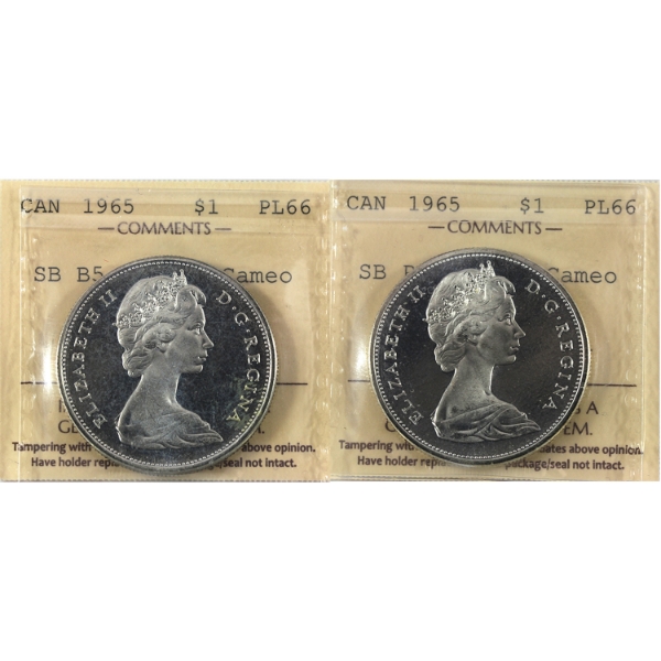 Silver $1 1965 SB P5 Type 1 & SB B5 Type 2 ICCS PL66 Heavy Cameo. 2pcs