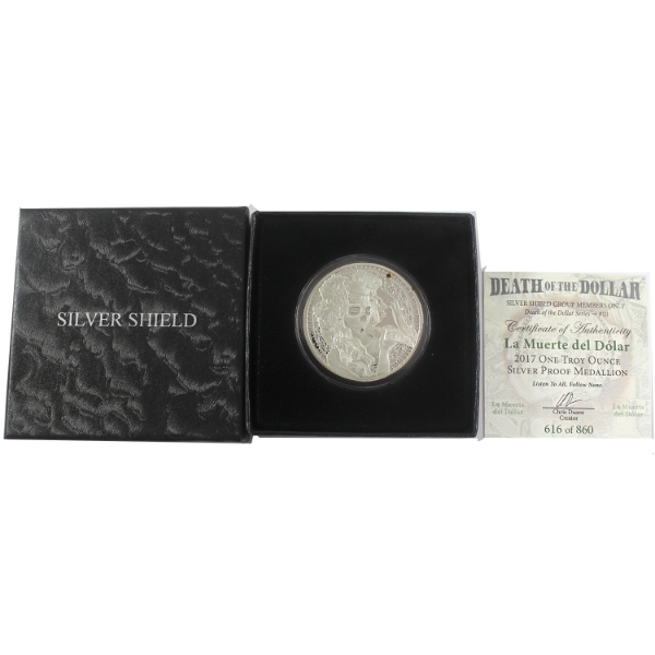 1oz Silver Shield 2017 Death of the Dollar Series La Muerte del Dólar .999 Fine Silver (Tax Exempt)