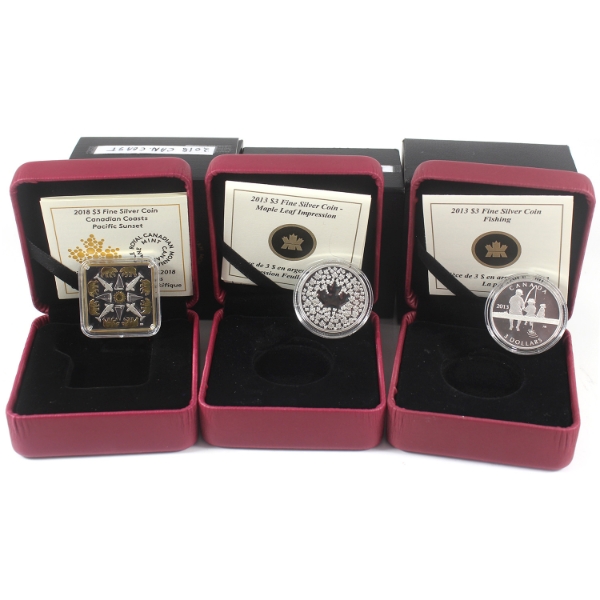 Group Lot of 2013 & 2018 $3 Assorted .9999 Fine Silver Coins. 3pcs (Tax Exempt) 