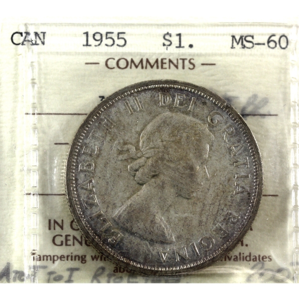 Silver $1 1955 Arnprior No Die Break ICCS MS60
