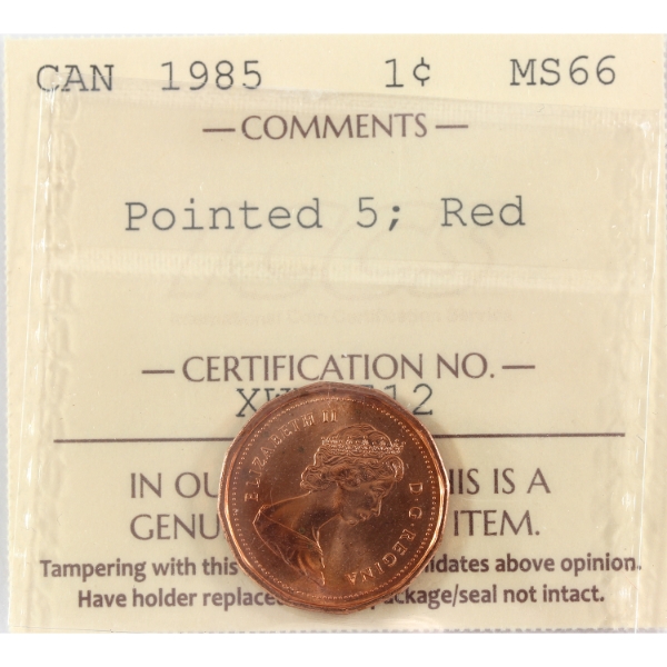 1-cent 1985 Pointed 5 ICCS MS66 Red