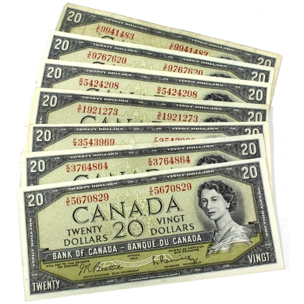 7x 1954 $20 Banknotes in Average Condition. 7pcs.