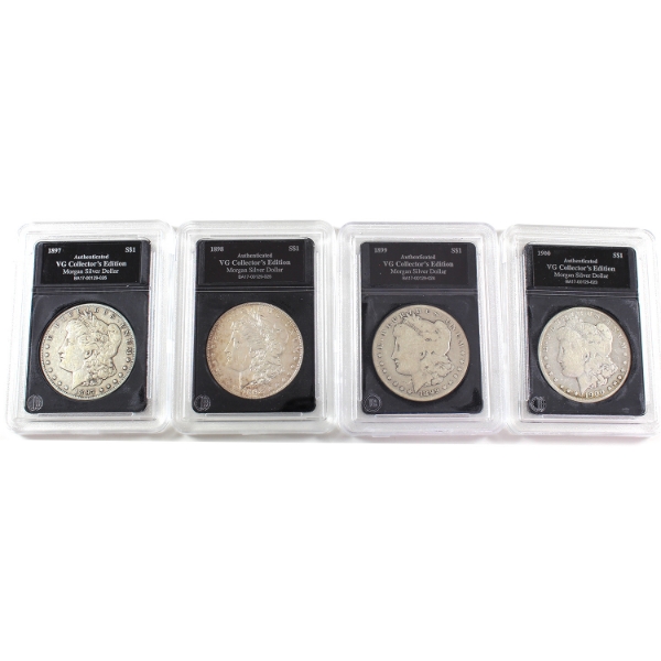 USA Silver 1897, 1898, 1899 & 1900 Morgan Dollar Bradford Authenticated. 4pcs.