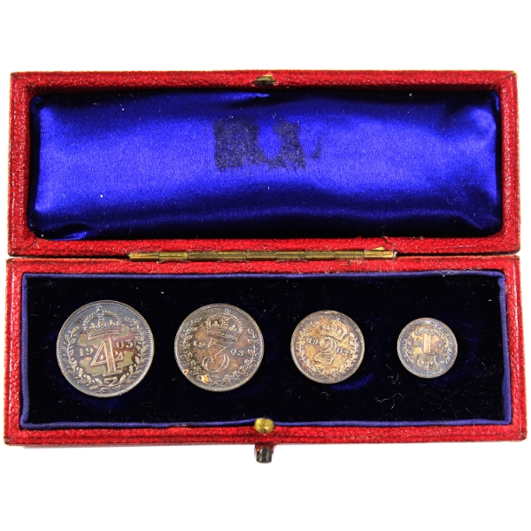 Great Britain Silver 1903 Edward VII 4-Piece Sterling Silver Maundy Coin Set in Original Case