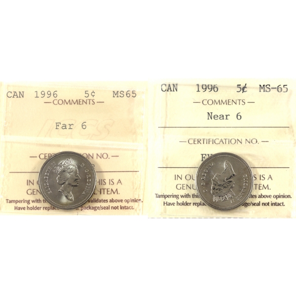 5-cent 1996 Near 6 & Far 6 ICCS MS65. 2pcs.