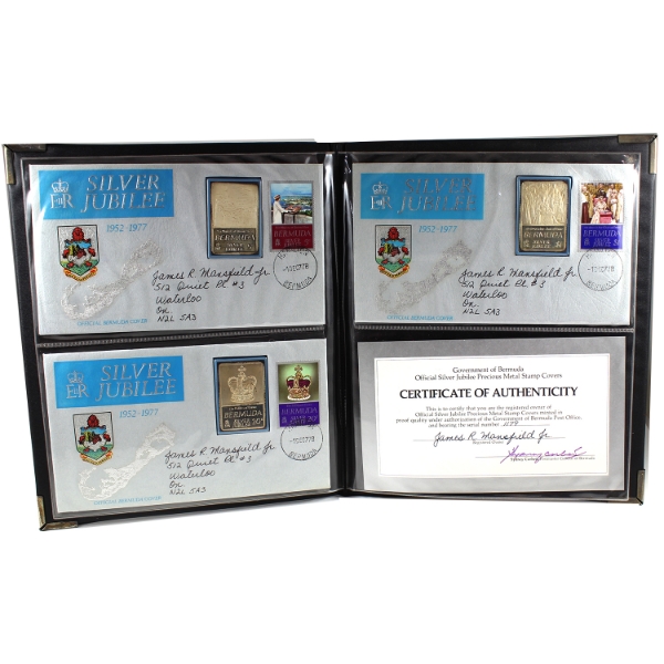 Government Of Bermuda Official Silver Jubilee Cover Folio w/ First Day Covers & .925 Silver Ingots