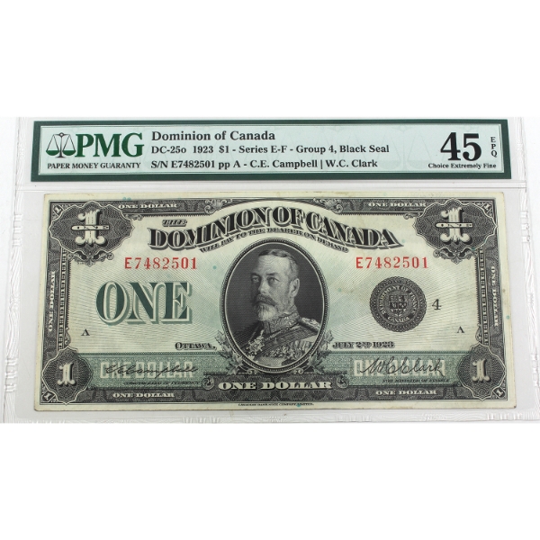 DC-25o 1923 $1 Series E-F Group 4 Black Seal PMG Choice EF45 EPQ Campbell-Clark SN: E7482501 ppA