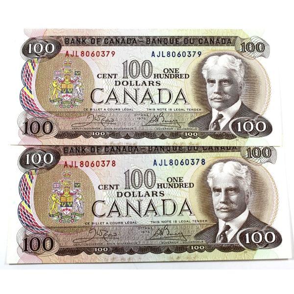 BC-52b 1975 $100 Consecutive Crow-Bouey SN:AJL8060378-"79. 2pcs.