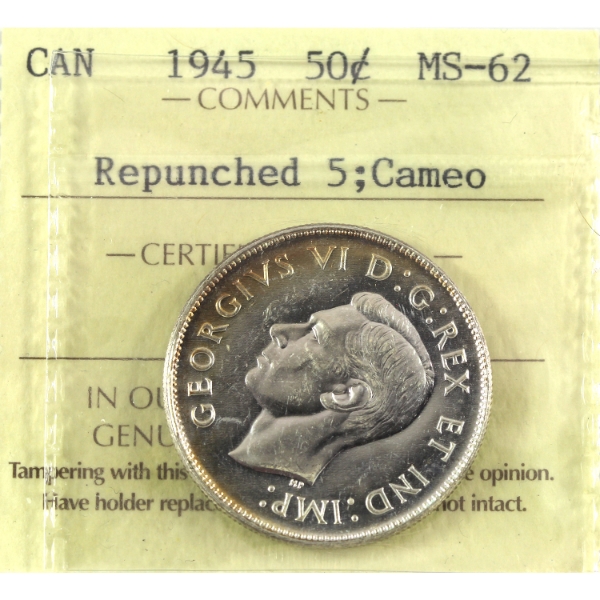 50-cent 1945 Repunched 5 ICCS MS62 Cameo