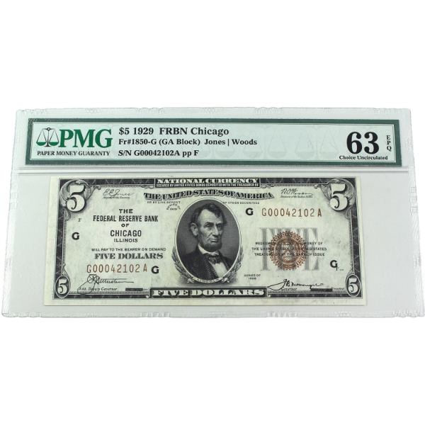 USA 1929 FR-1850-G Chicago $5 PMG CUNC63 EPQ Jones-Woods SN: G00042102A ppF