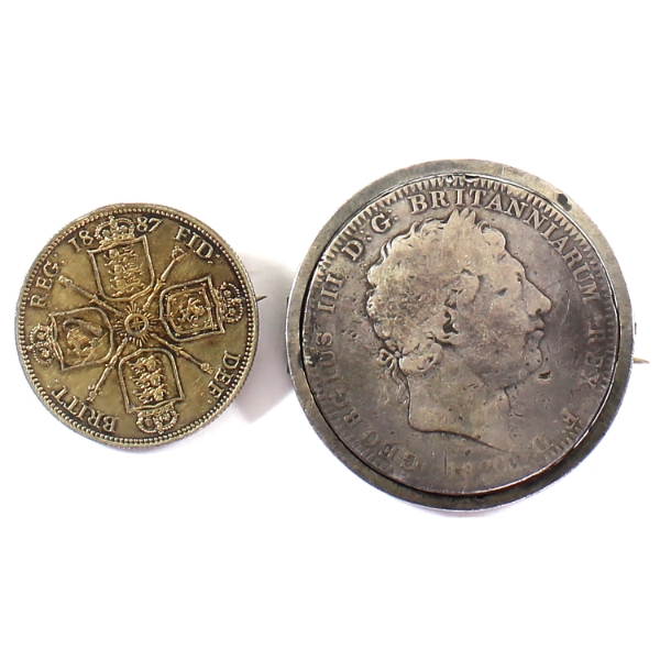 Great Britain Sterling Silver 1887 Double Florin & ND Crown Coin Brooches. 2pcs