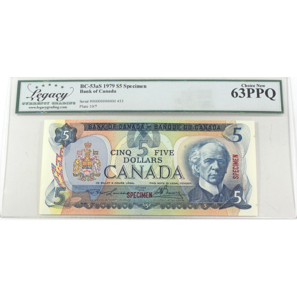 BC-53aS 1979 $5 Specimen Legacy CUNC63 PPQ Lawson-Bouey SN: 00000000000 453