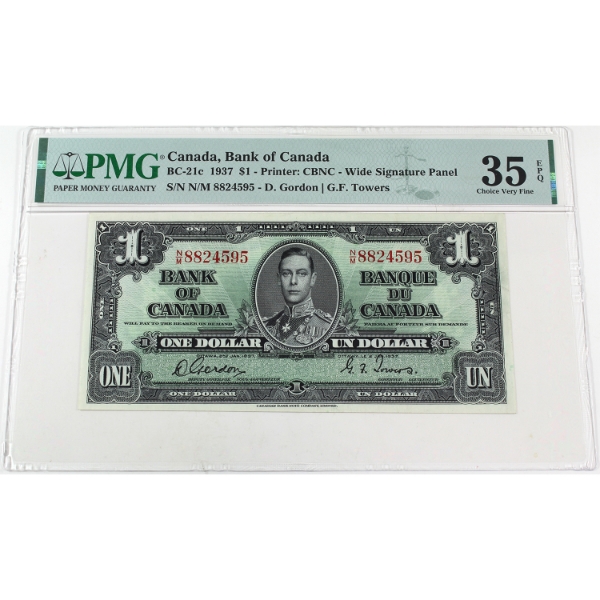 BC-21c 1937 $1 PMG Choice VF35 EPQ Gordon-Towers Wide Signature Panel SN: N/M8824595