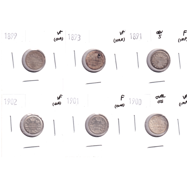 5-cent 1891-1902 F to VF. 6pcs.