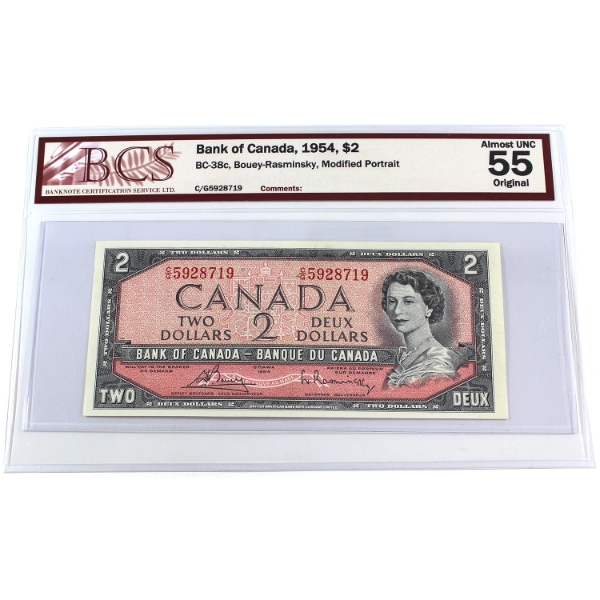 BC-38c 1954 $2 Modified Portrait BCS AU55 Original Bouey-Rasminsky SN:C/G5928719