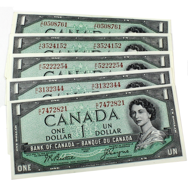 Group Lot of 1954 $1 Canada Notes D/L to Z/L, All Different Prefix Letters UNC or Better. 5pcs