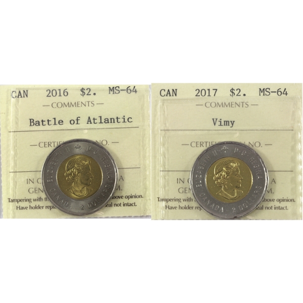 2x $2 2016 Battle of Atlantic & 2017 Battle of Vimy Ridge ICCS MS64. 2pcs.