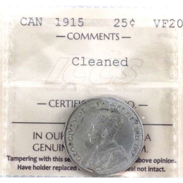 25-cent 1915 ICCS VF20 Cleaned 
