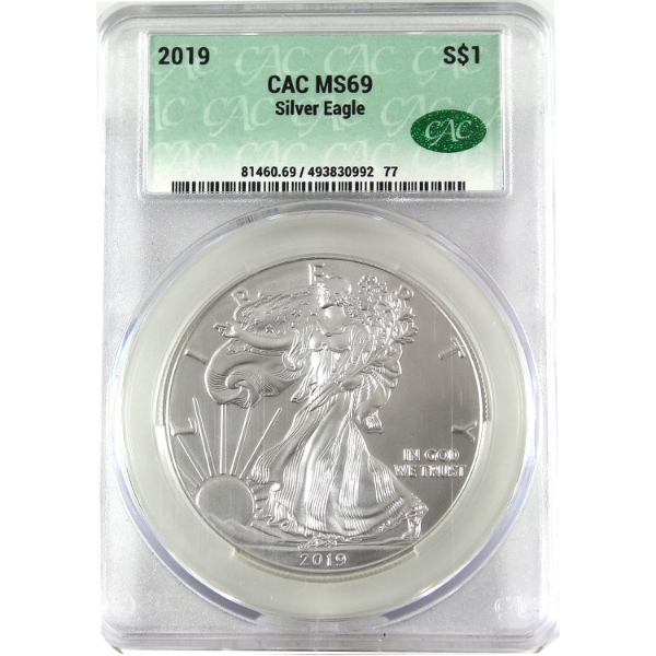 USA Silver 2019 $1 Silver Eagle 1oz .999 Fine Silver Coin CAC MS69 (Tax Exempt)