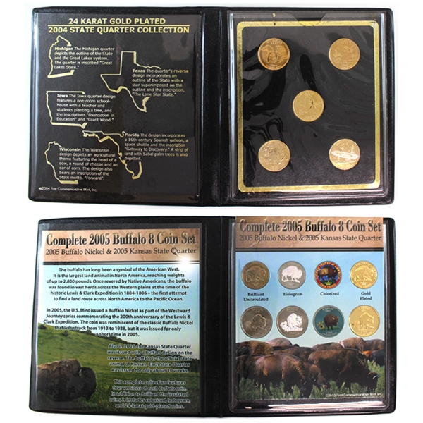 USA 2004 First Commem. Mint  24k Gold Plated State Five Quarter & 2005 Buffalo 8-Coin Set. 2pcs. 