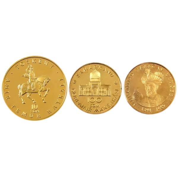 Uzbekistan 1994-1995 3-Coin Gold Plated Set with Original Case *Rare!*