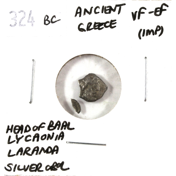 Ancient Greece 324 BCE Silver Obol Head of Baal - Lycaonia Laranda VF-EF (Impaired)