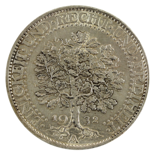 Germany-Weimar Republic Silver 1932A 5 Reichsmark Oak Tree AU-UNC