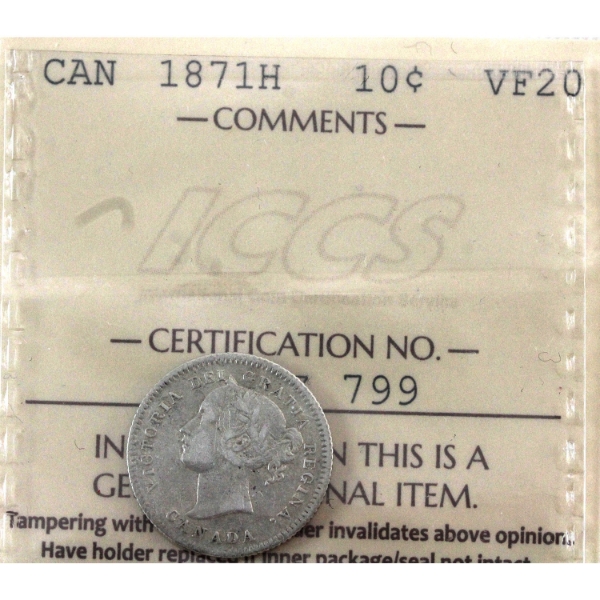 10-cent 1871H ICCS VF20