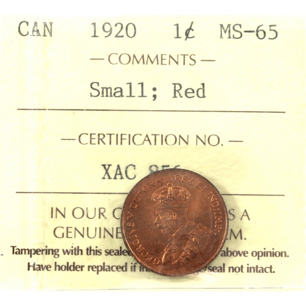 1-cent 1920 Small ICCS MS65 Red
