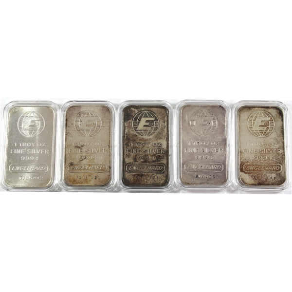 5x 1oz Engelhard c.1981-1985 Commercial .999+ Silver Bars. 5pcs. (Tax Exempt)