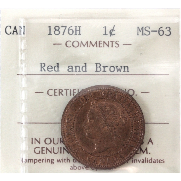 1-cent 1876H ICCS MS63 Red & Brown