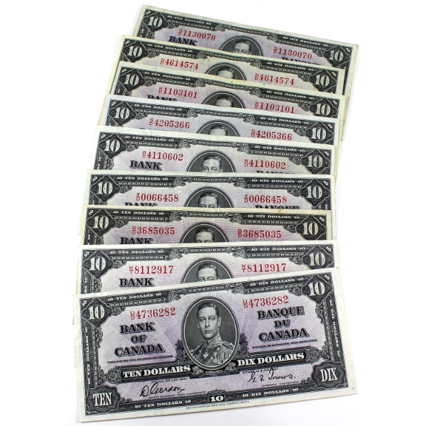 9x 1937 $10 Banknotes, Some Duplicate Prefixes. 9pcs.