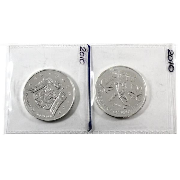 2009 & 2010 $5 Vancouver Olympics Fine Silver Coins. 2pcs. (Tax Exempt)