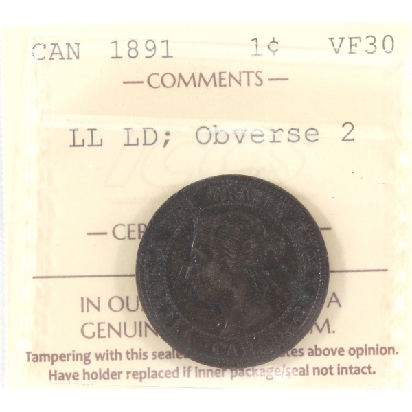 1-cent 1891 LL LD; Obverse 2 ICCS VF30