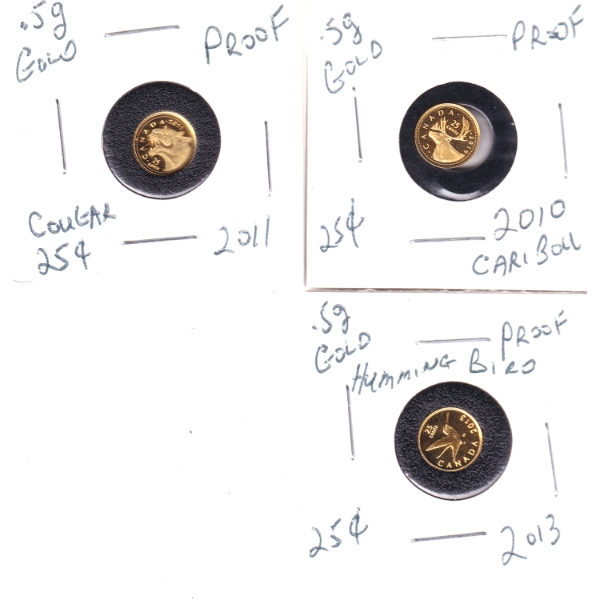3x 0.5g 2011-2013 25-cent .999 Fine Gold Proof Coins. 3pcs. (Tax Exempt)