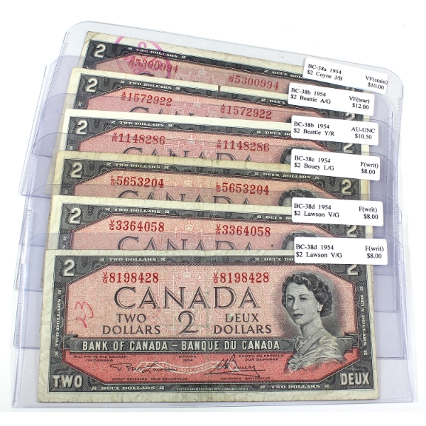 Bulk Lot of 1954 $2 F to AU-UNC. 6pcs.