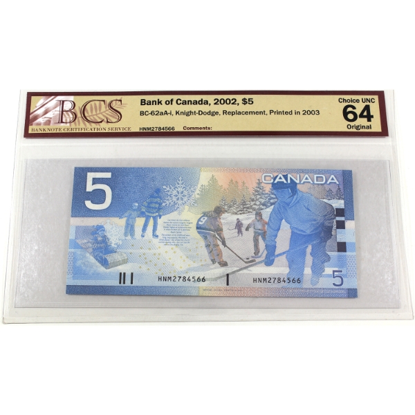 BC-62aA-i 2002 $5 BCS Choice UNC64 Original Knight-Dodge Replacement Printed in 2003 SN:HNM2784566