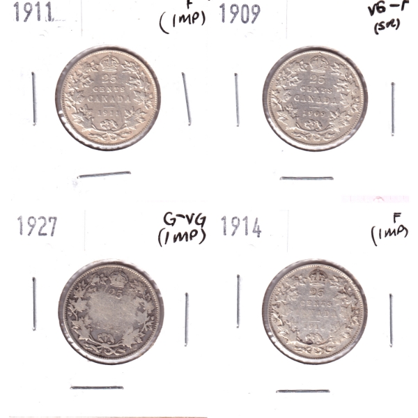 25-cent 1909-1927 G-VG to F. 4pcs.