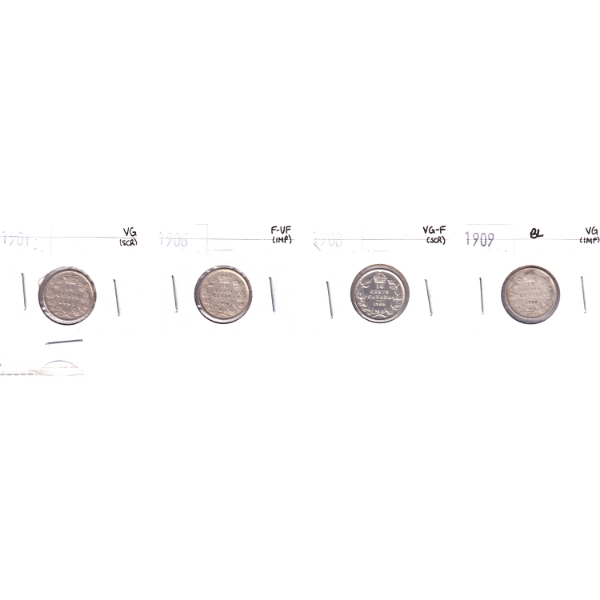 10-cent 1901-1909 VG to F-VF in 4-Pocket Sheet. 4pcs.