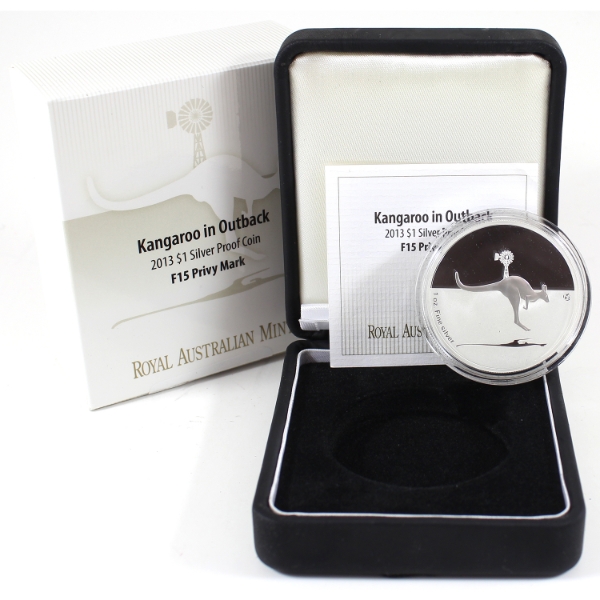 Australia Silver 2013 $1 Kangaroo in Outback w/ F15 Privy Mark Fine Silver Proof Coin (Tax Exempt)
