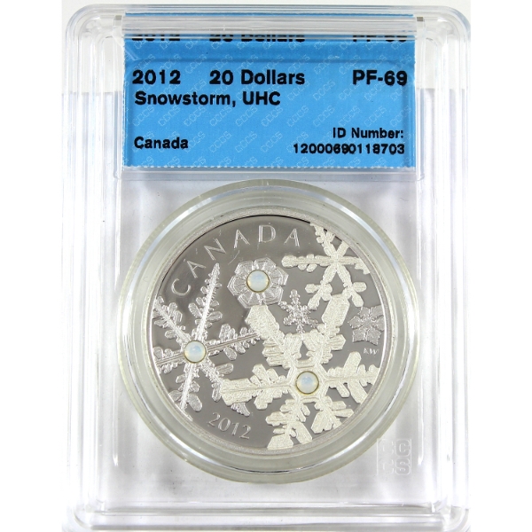2012 $20 Holiday Snowstorm 1oz .9999 Fine Silver Coin w/ Swarovski Crystals CCCS PF69 UHC