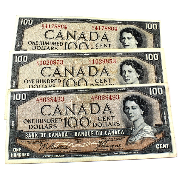 3x 1954 $100 Modified Portrait Banknotes. 3pcs.