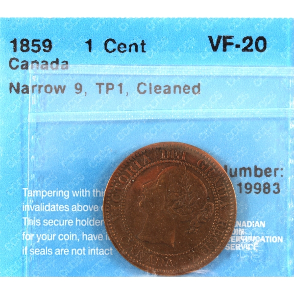1-cent 1859 Narrow 9, TP1 CCCS VF20 