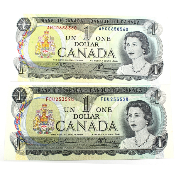 RADAR BC-46a & BC-46b 1973 $1 4-digit RADAR UNC or Better Lawson-Bouey & Crow-Bouey. 2pcs.