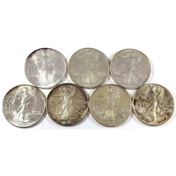 5x 1oz USA 1987-1994 $1 Silver Eagles .999 Fine Silver Coins. 7pcs. (Tax Exempt)