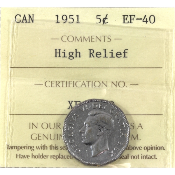 5-cent 1951 High Relief ICCS EF40