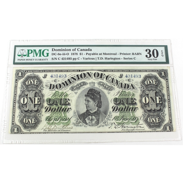 DC-8e-iii-O 1878 $1 Series C PMG VF30 EPQ Various-Harington Payable at Montreal SN: C431493 ppC