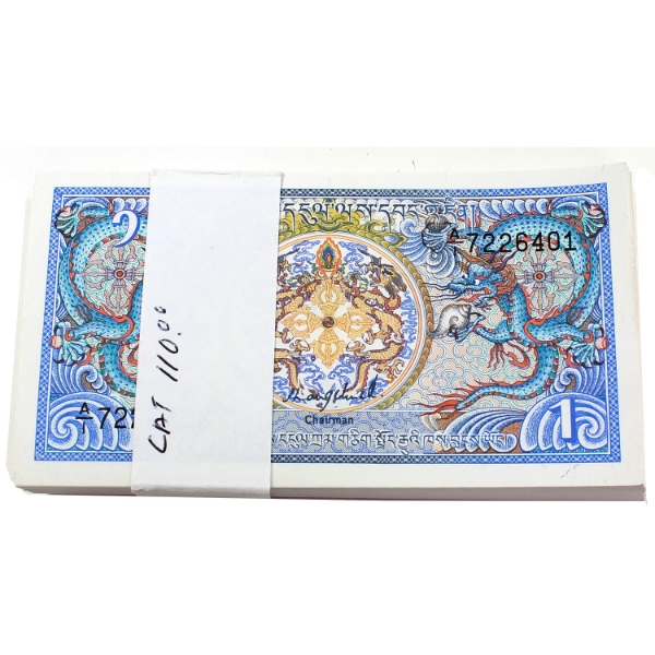 Bundle of 100x Bhutan 1 Ngultrum Consecutive Notes INCLUDES: SN:A/I7226401 to " 500. 100pcs