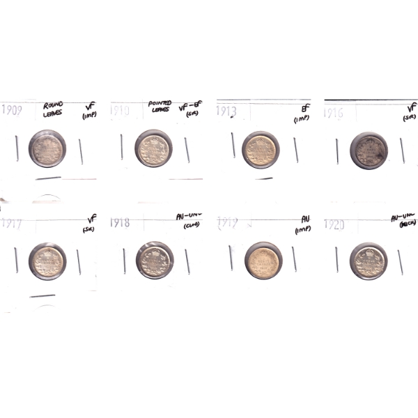 Bulk Lot of 10-cent 1909-1920 VF to AU-UNC in 8-Pocket Sheet. 8pcs.