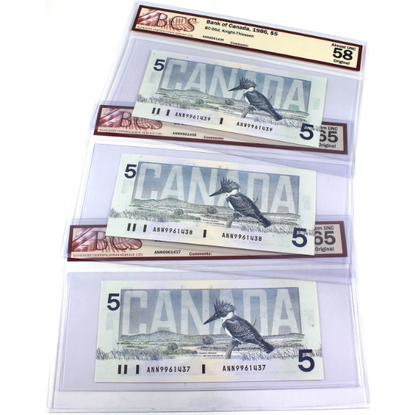 3x BC-56d 1986 $5 Consecutive BCS AU58 Original to GEM UNC65 Original Knight-Thiessen ANN Prefix
